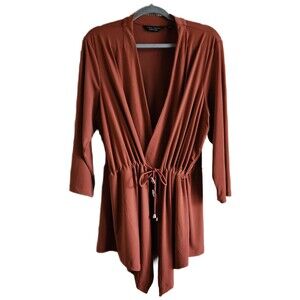 Susan Graver Every Day Cardigan Size 1X Brown Liquid Knit Pockets Drawstring Tie